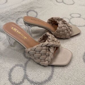 Nude Braided Faux Leather Lucite Heels - Size 7